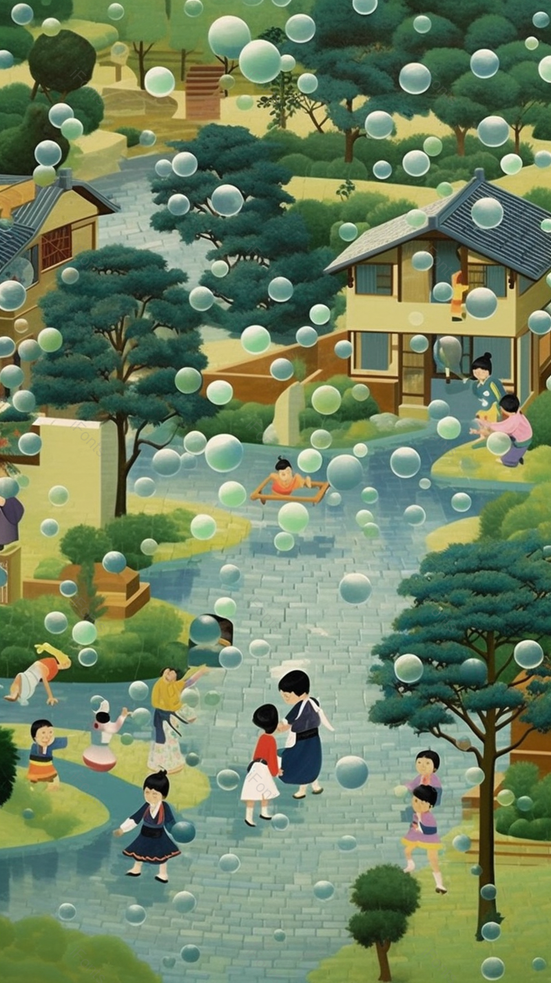 池塘俯视绿色公园六一儿童节孩子们在嬉戏泡泡小清新插画背景,插画/手绘图,插画/手绘图库,插画/手绘图下载,插画/手绘